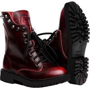 Shenn Women's Round Toe Mid Calf Punk Military Combat Boots(Wine Red,7 M US)🤩